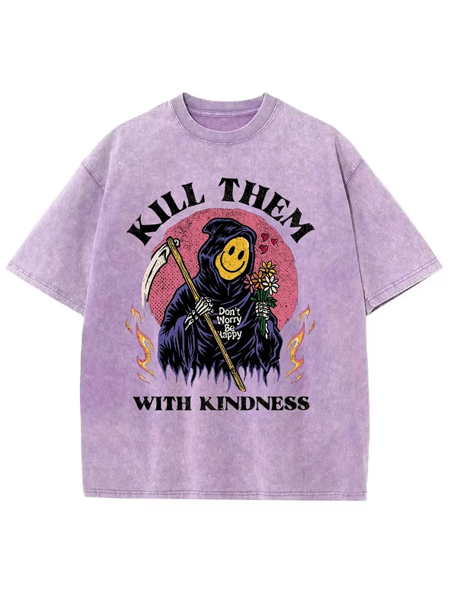 KILL THEM WITH KINDNESS UNISEX OVERSIZED PRINT VINTAGE WASH DENIM T-SHIRT