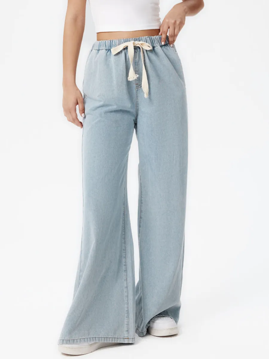 Denim High Waist Solid Tie Front Wide Leg