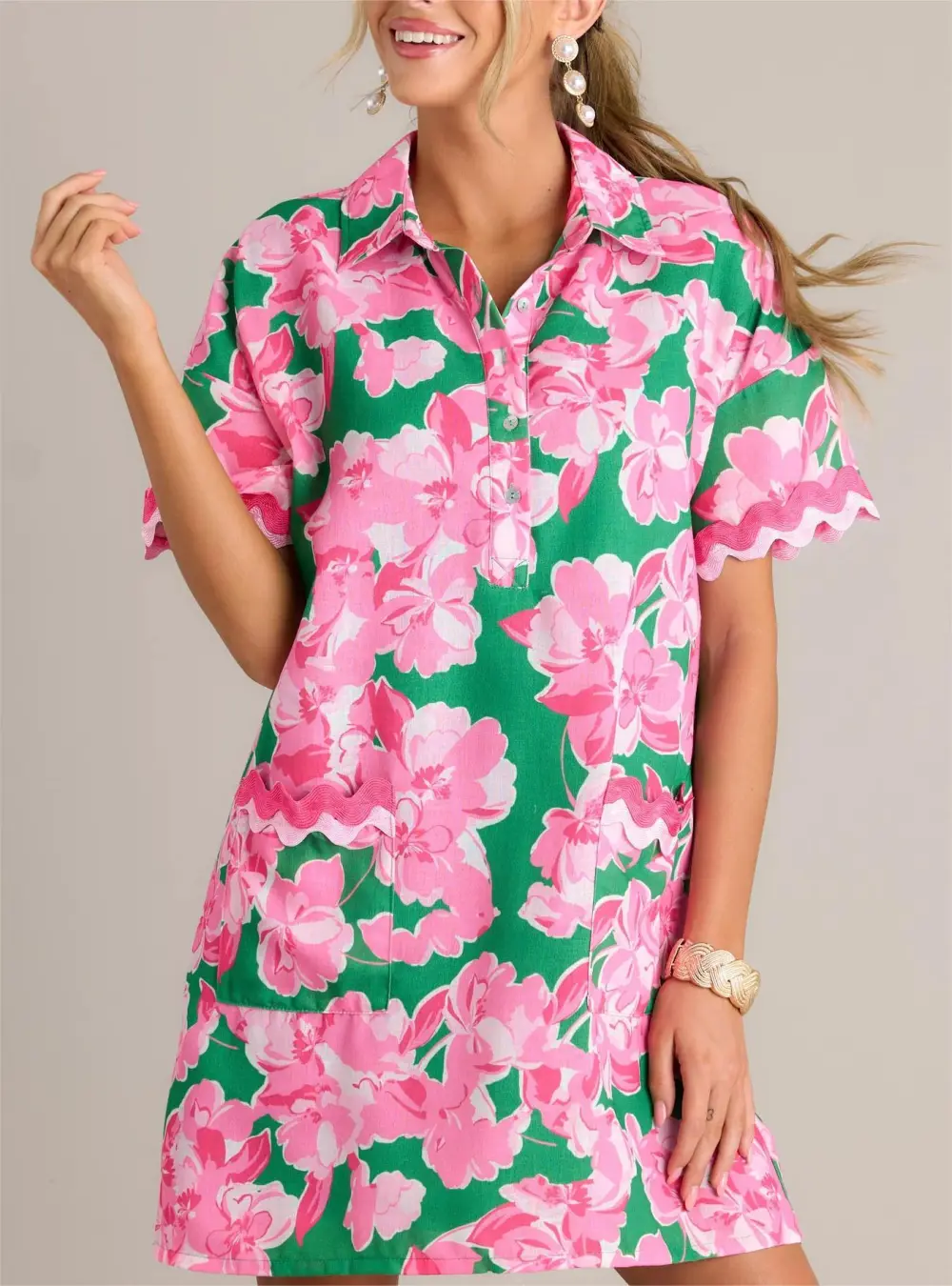 SEASIDE SERENITY GREEN MULTI FLORAL MINI SHIRT DRESS