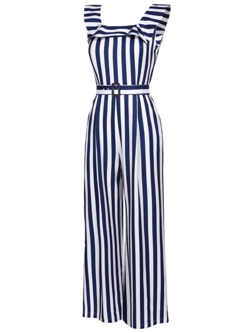 BLUE 1930S STRIPED RUFFLE JUMPSUIT