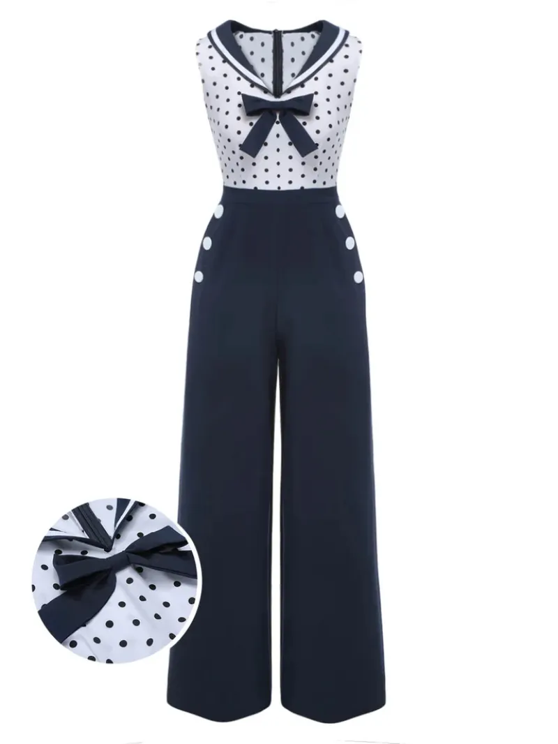 BLUE 1940S POLKA DOT BOW LAPEL JUMPSUIT