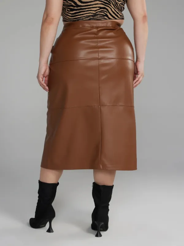 Faux Leather Front Slit Midi Skirt