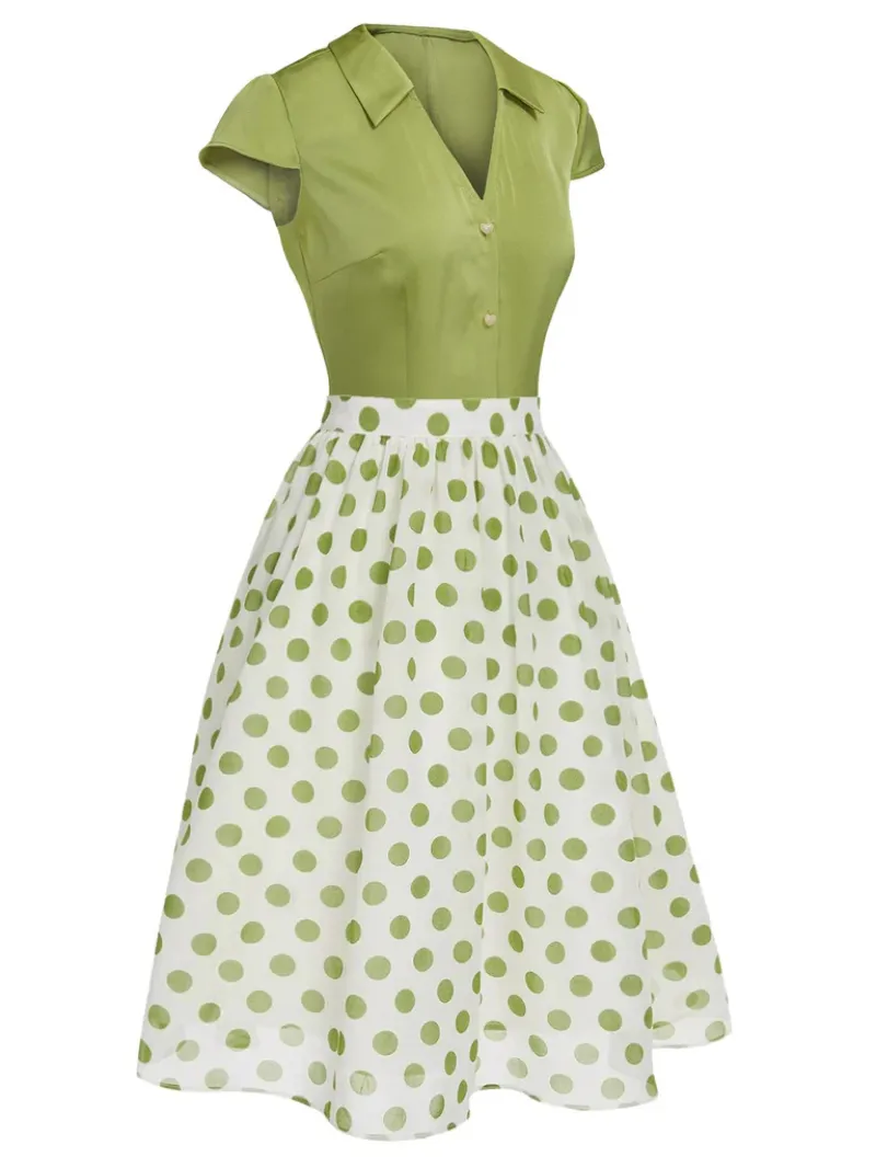 2PCS GREEN 1940S BUTTONS SHIRT & POLKA DOTS SKIRT