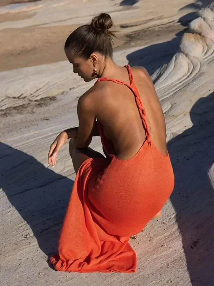 Knitted Orange Backless Slit Beach Maxi Dress