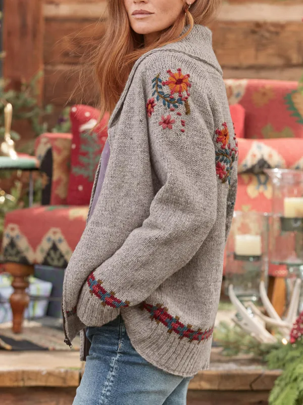 Casual simple floral print knitted cardigan