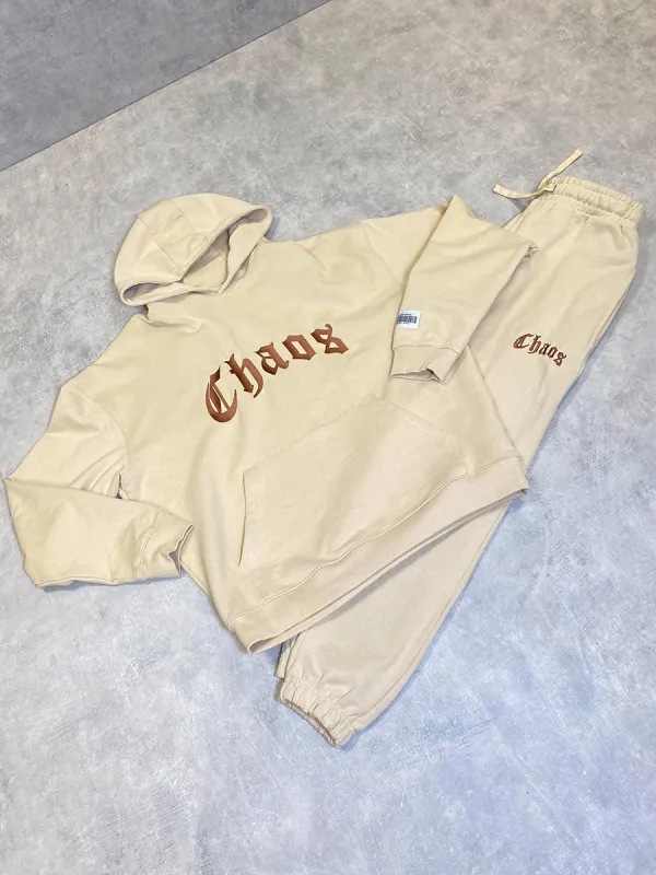 Letter print cream beige hooded sweatshirt set