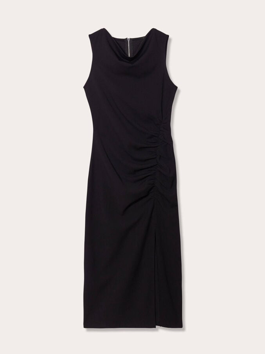 Robe longue moulante froncée noir femme