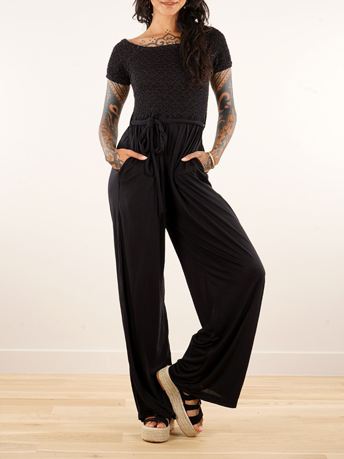 Short Sleeve Flare Leg Jumpsuit