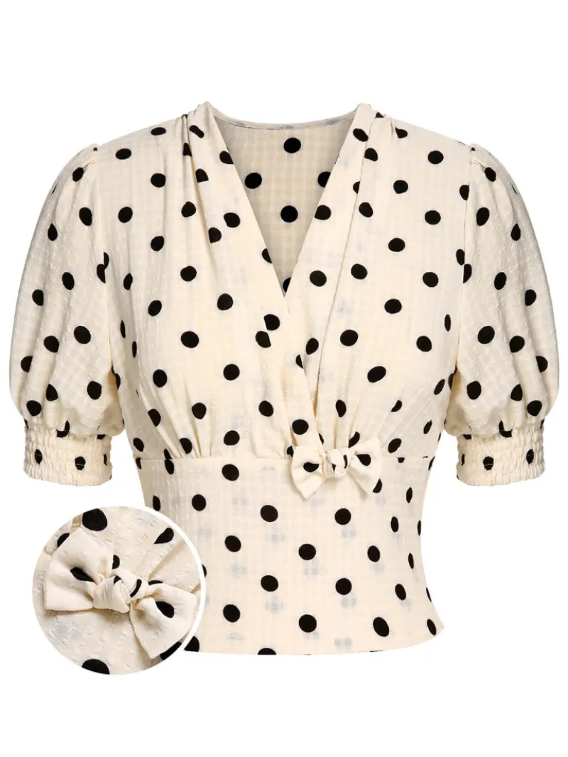 BEIGE 1940S DOTS BOWKNOT V-NECK BLOUSE