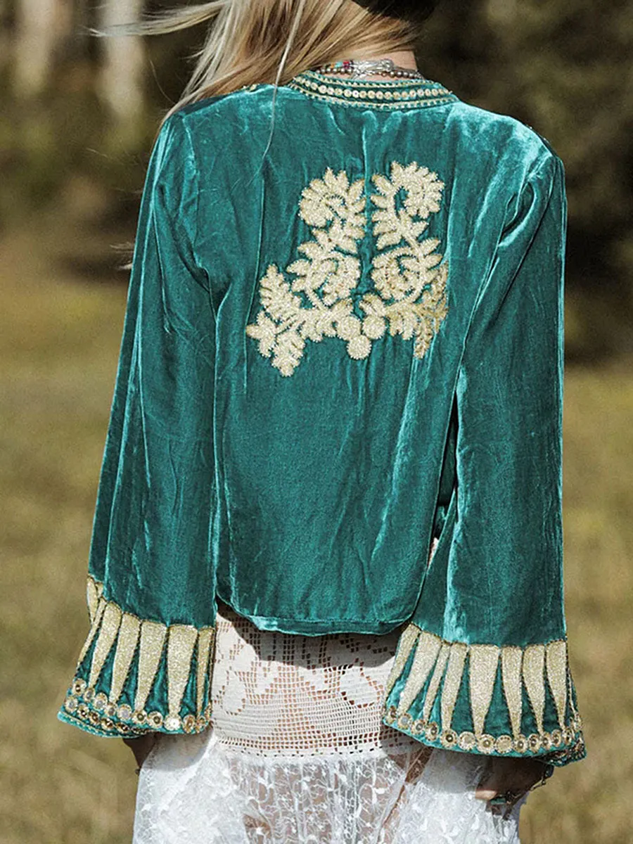 Women's Casual Embroidered Velvet Cardigan