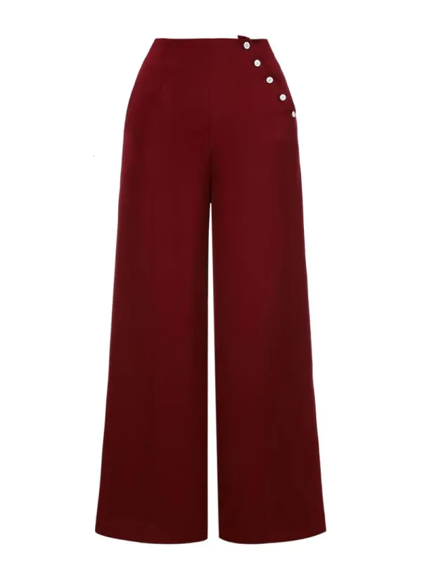 RED 1950S BURGUNDY BUTTON WIDE LEG PANTS