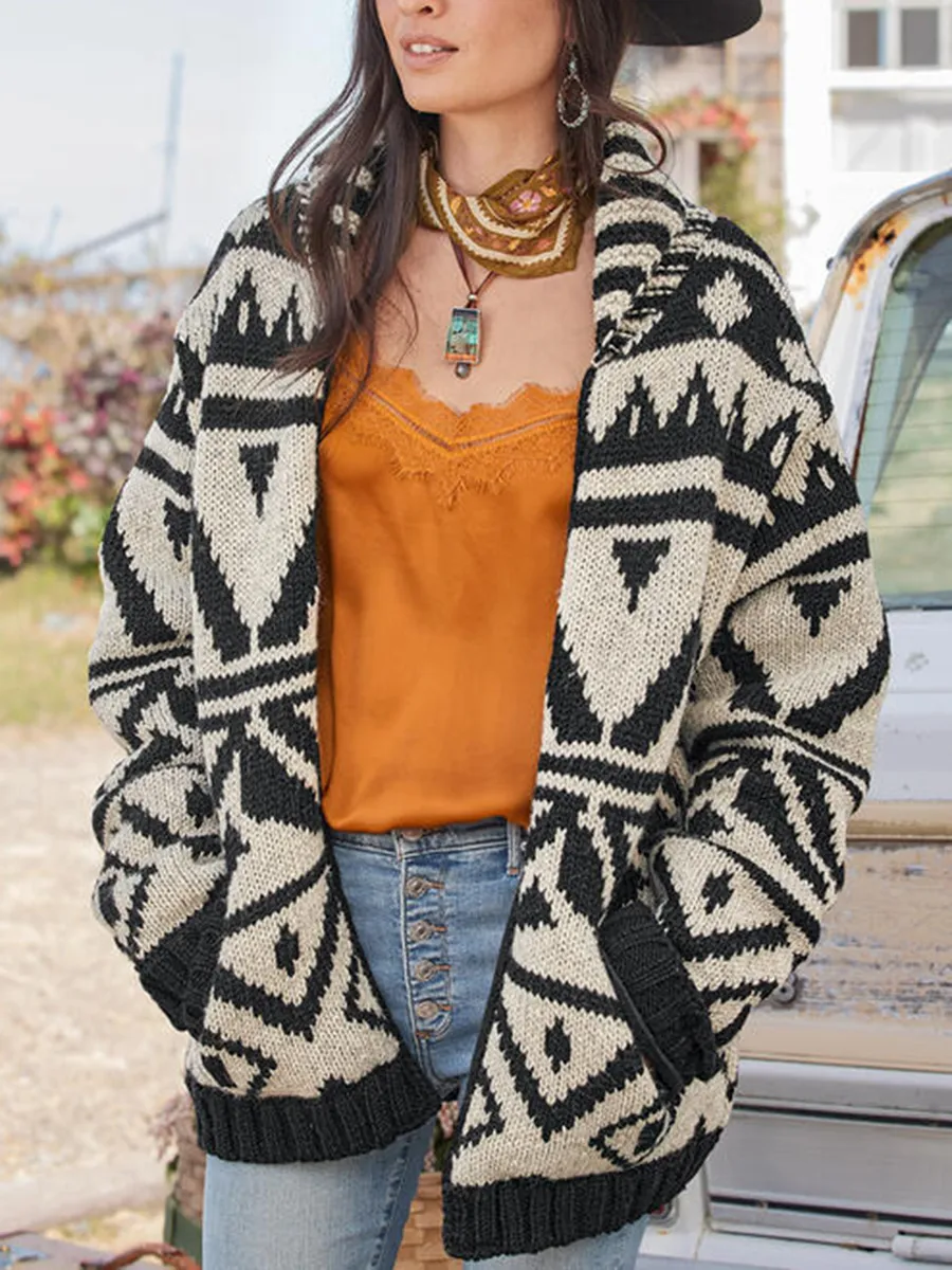 Retro contrast ethnic print knitted cardigan