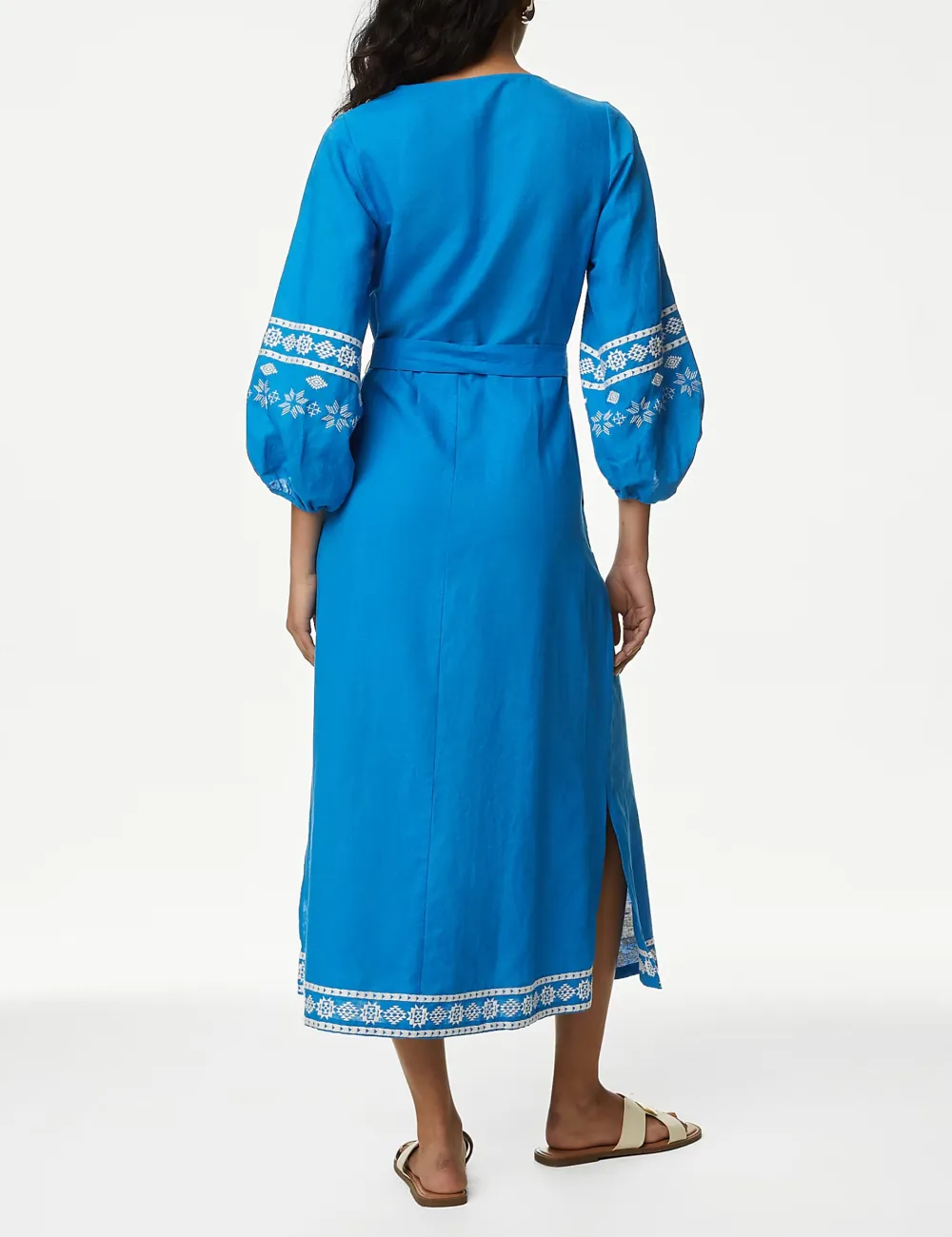 Linen Rich Embroidered V-Neck Day Dress