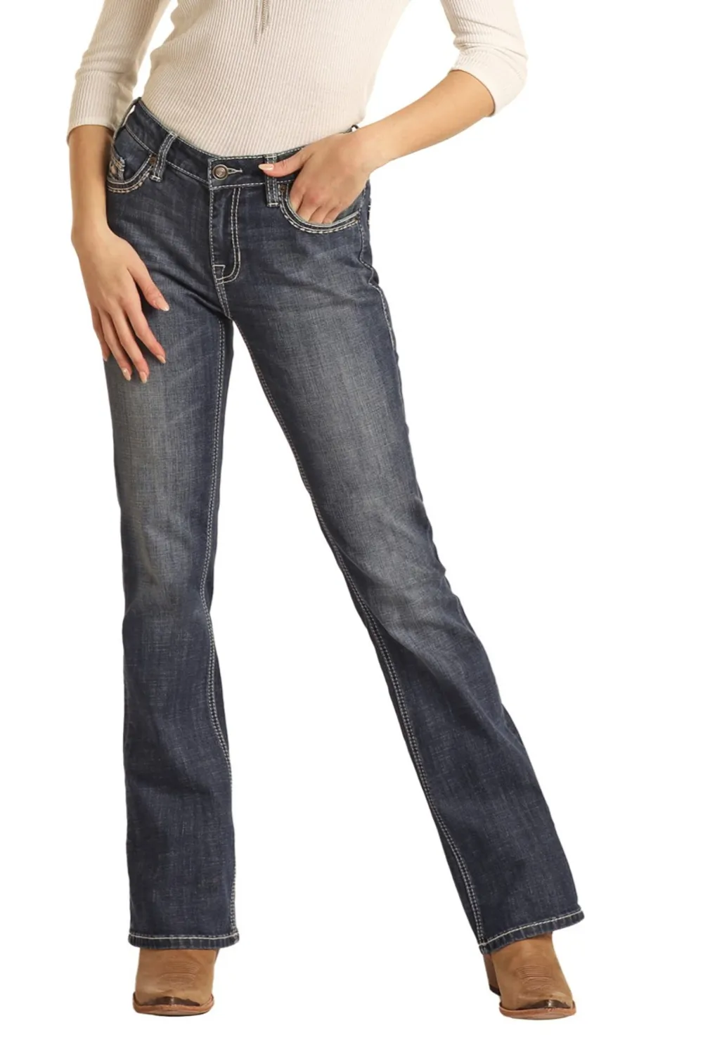 Women's mid-waist pocket line design details denim pants