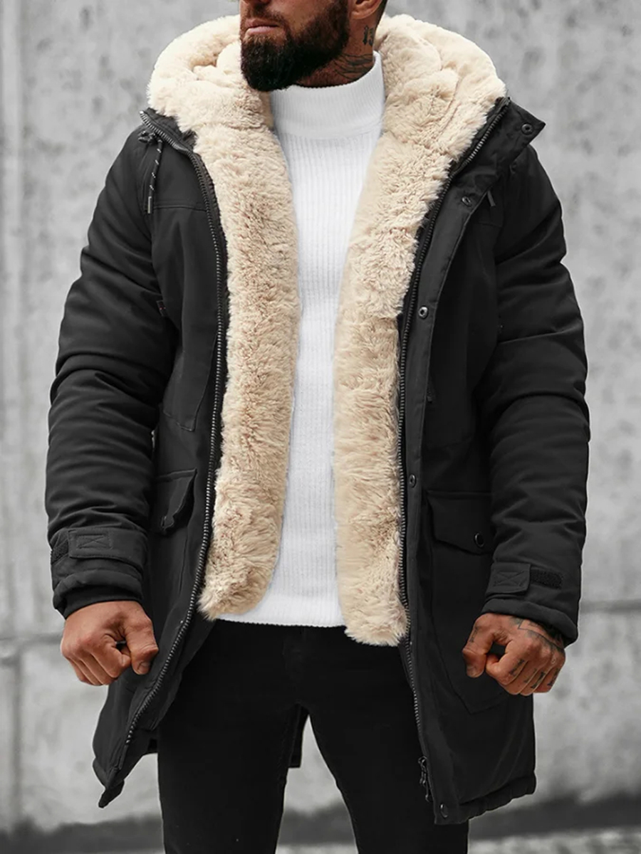 Men's winter hooded sherpa black cotton jacket