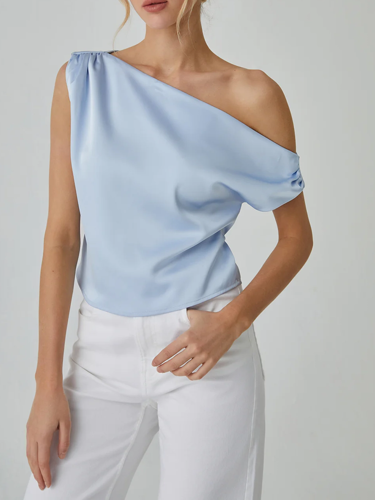 One Shoulder Off Knotted Blouse