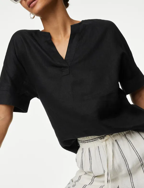 Pure Linen V-Neck Popover Blouse