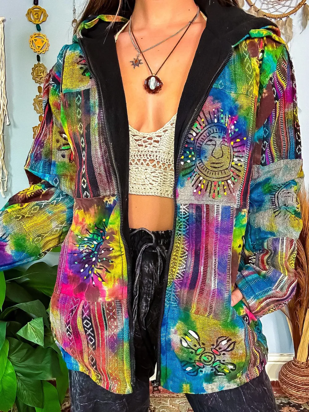 Casual retro colorful sun print hooded coat