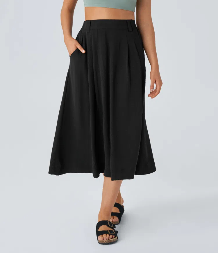 High Waisted Side Pocket Flowy Midi Casual Linen-Feel Skirt