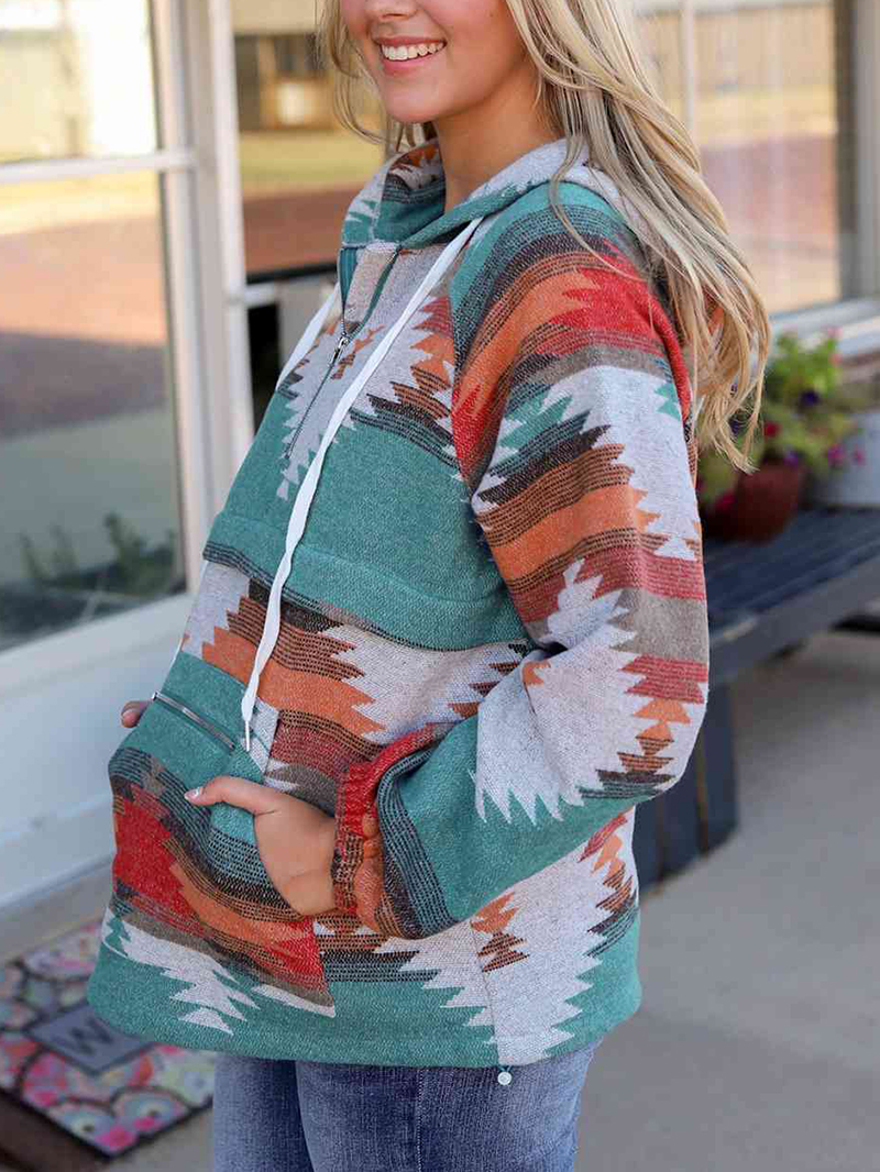 Geometric Half-Zip Drawstring Hoodie