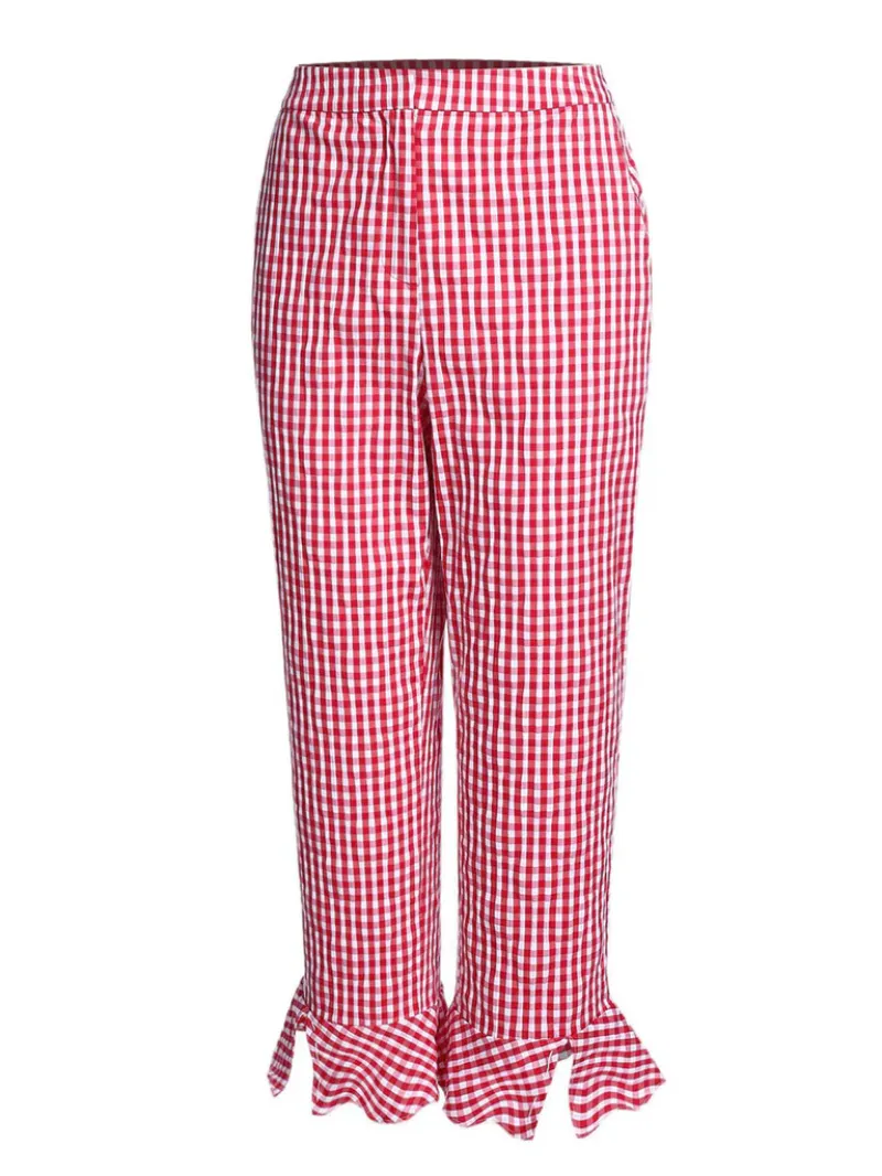 RED CHECKED RUFFLED SPLIT PANTS