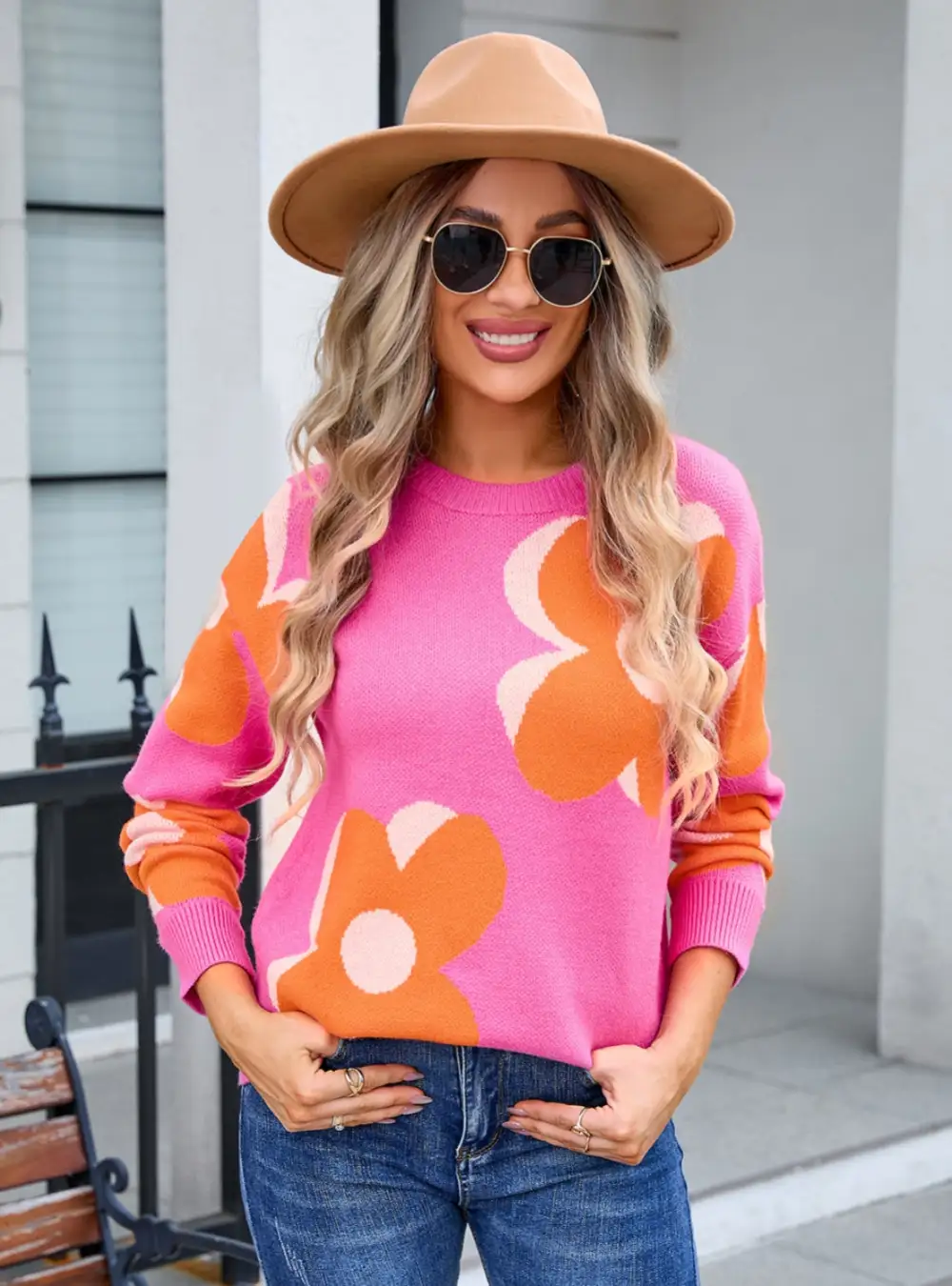 Printed Round Neck Big Flower Sweater