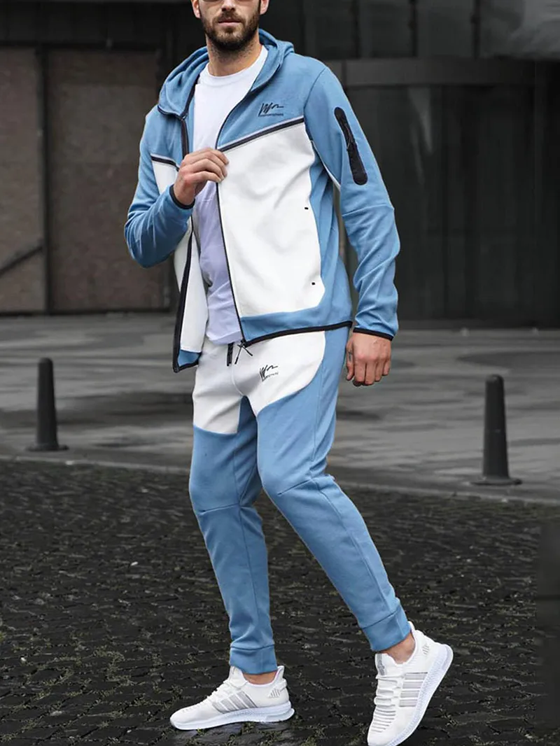 Men's Casual Patchwork Contrasting Sweatshirt Jogging Sportswear Suit