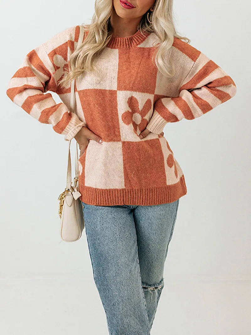 Brown Checkered Floral Print Striped Sleeve Sweater