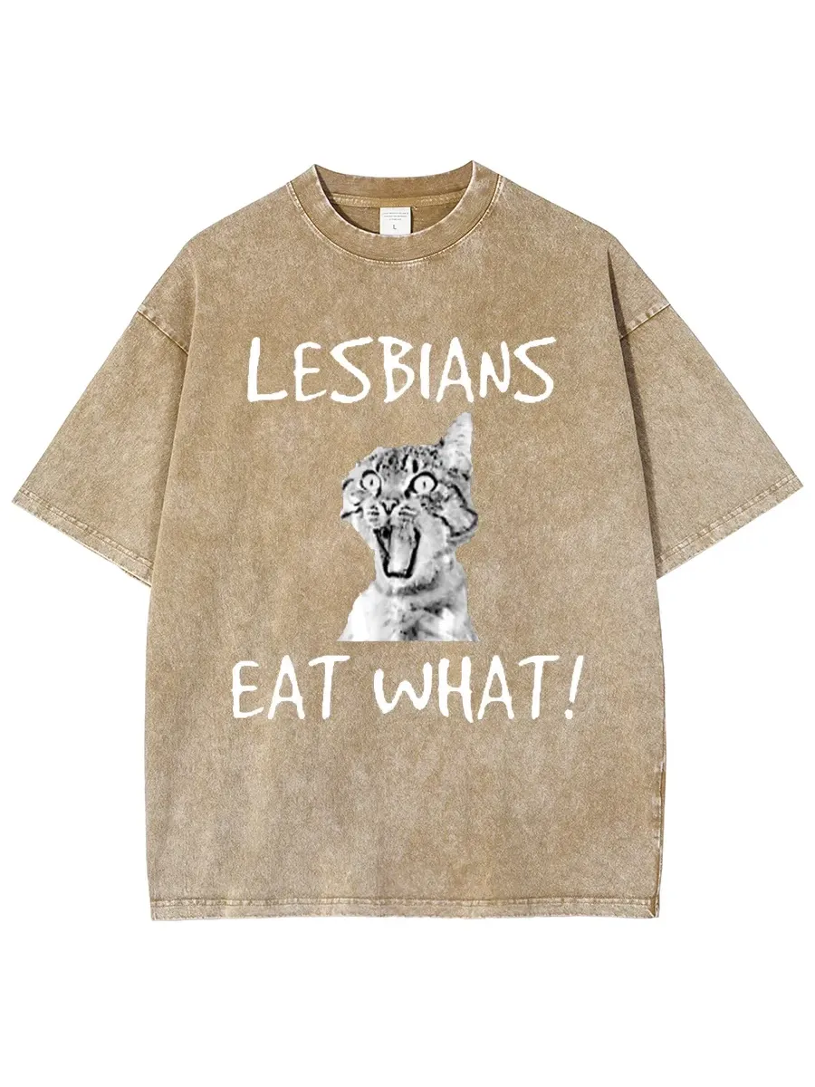 LESBIANS EAT WHAT? UNISEX OVERSIZED PRINT VINTAGE WASH DENIM T-SHIRT