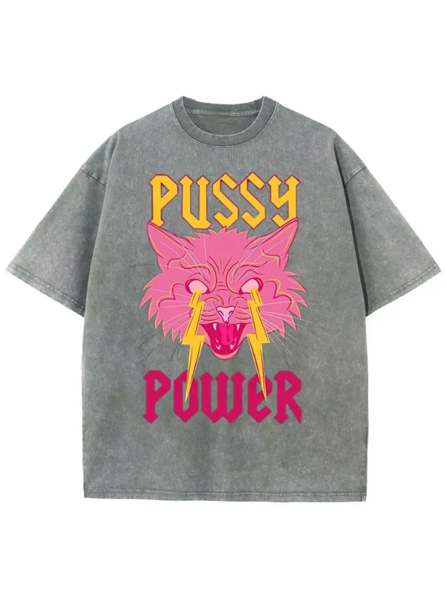 PUSSY POWER UNISEX VINTAGE SOLID WASH DENIM T-SHIRTS