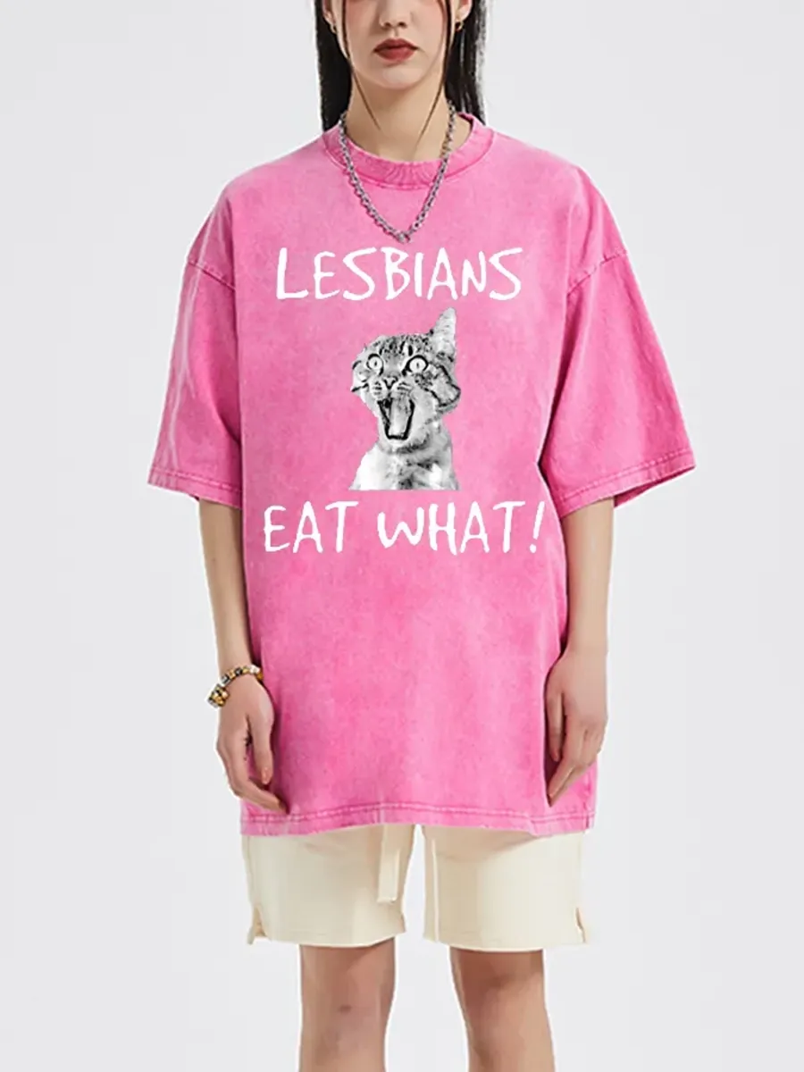 LESBIANS EAT WHAT? UNISEX OVERSIZED PRINT VINTAGE WASH DENIM T-SHIRT