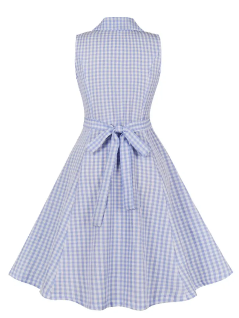 LIGHT BLUE 1940S PLAID LAPEL SLEEVELESS DRESS