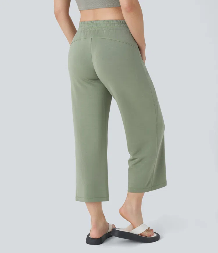 Mid Rise Side Pocket Straight Leg Casual Cropped Pants