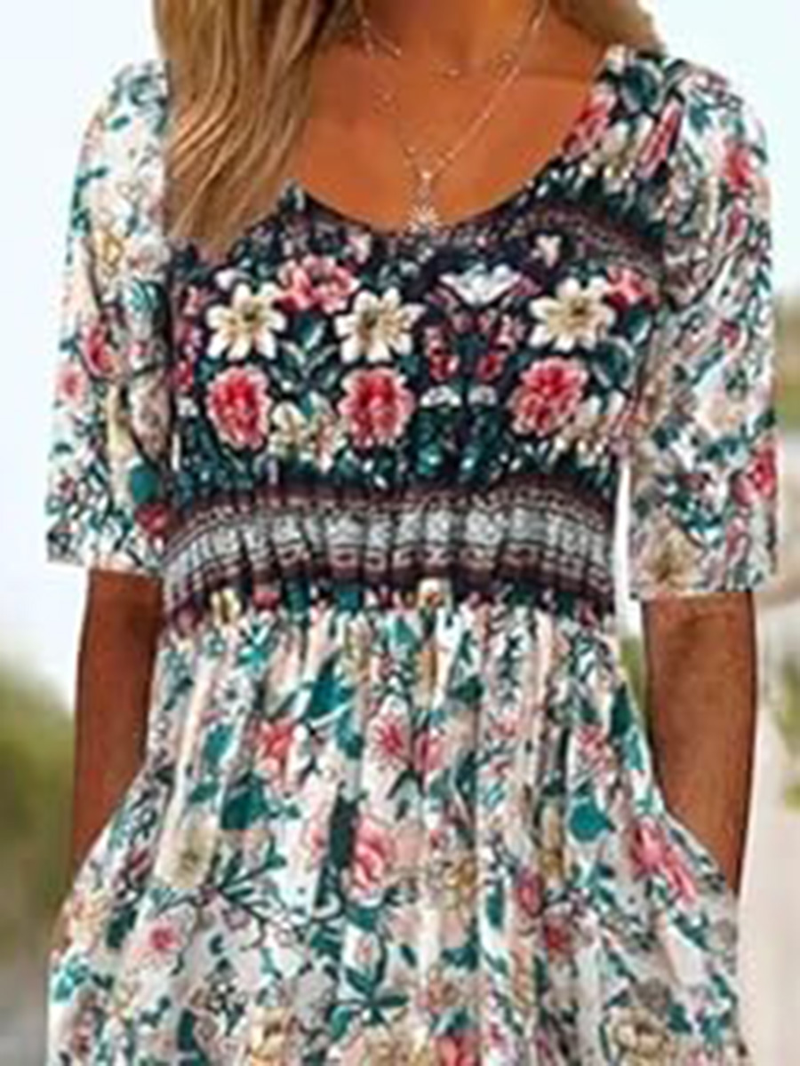 Bohemian Printed Round Neck Short Sleeve Dress