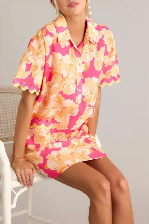 SEASIDE SERENITY PINK MULTI FLORAL MINI SHIRT DRESS