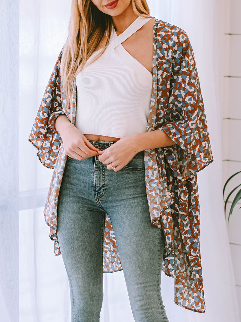 Printed Open Front Three-Quarter Sleeve Cover Up