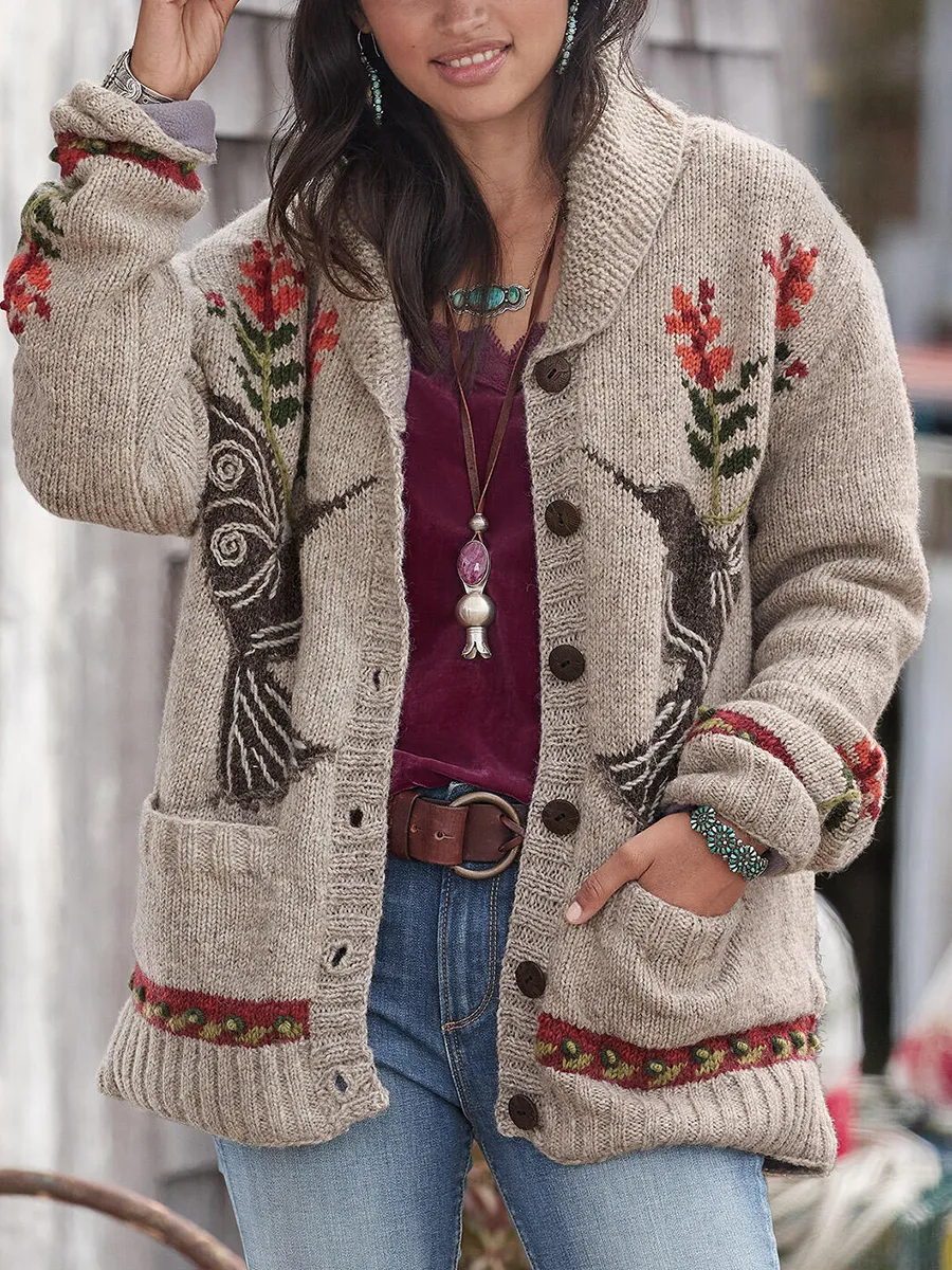 Vintage bird embroidered knitted cardigan