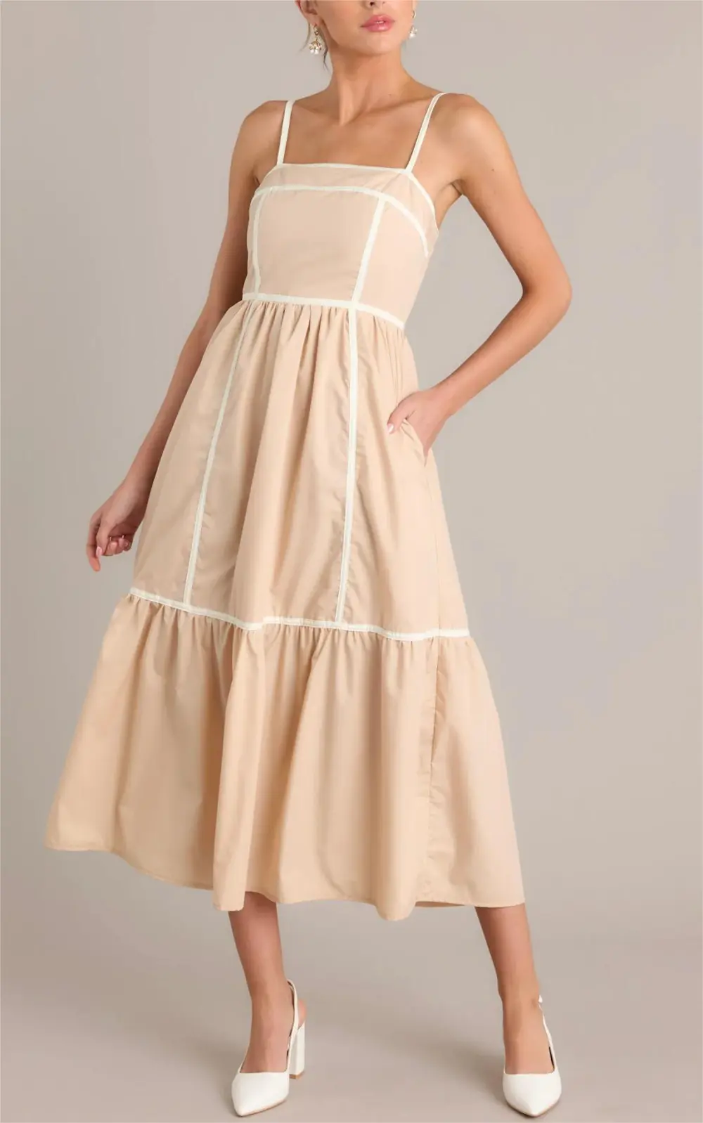 TIMELESS CHARM BEIGE SQUARE NECK MAXI DRESS