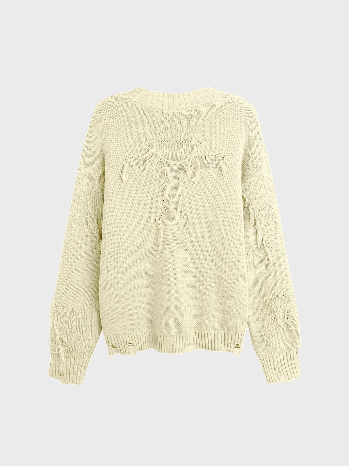 【Final Sale】Knitted Raw Edge Crew Neck Cross Long Sleeve Sweater