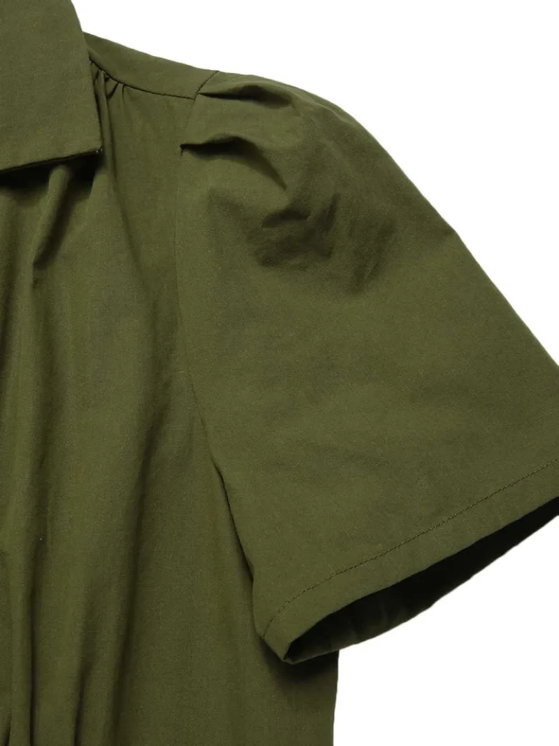 ARMY GREEN 1940S LAPEL BUTTONED SOLID DRESS