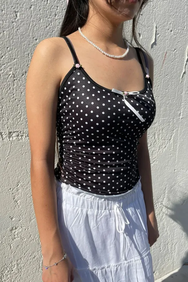 Y2K Polka Dot Print Lace & Flower Cami Tank Top