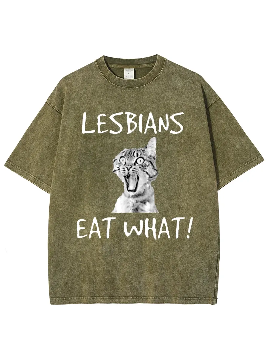 LESBIANS EAT WHAT? UNISEX OVERSIZED PRINT VINTAGE WASH DENIM T-SHIRT