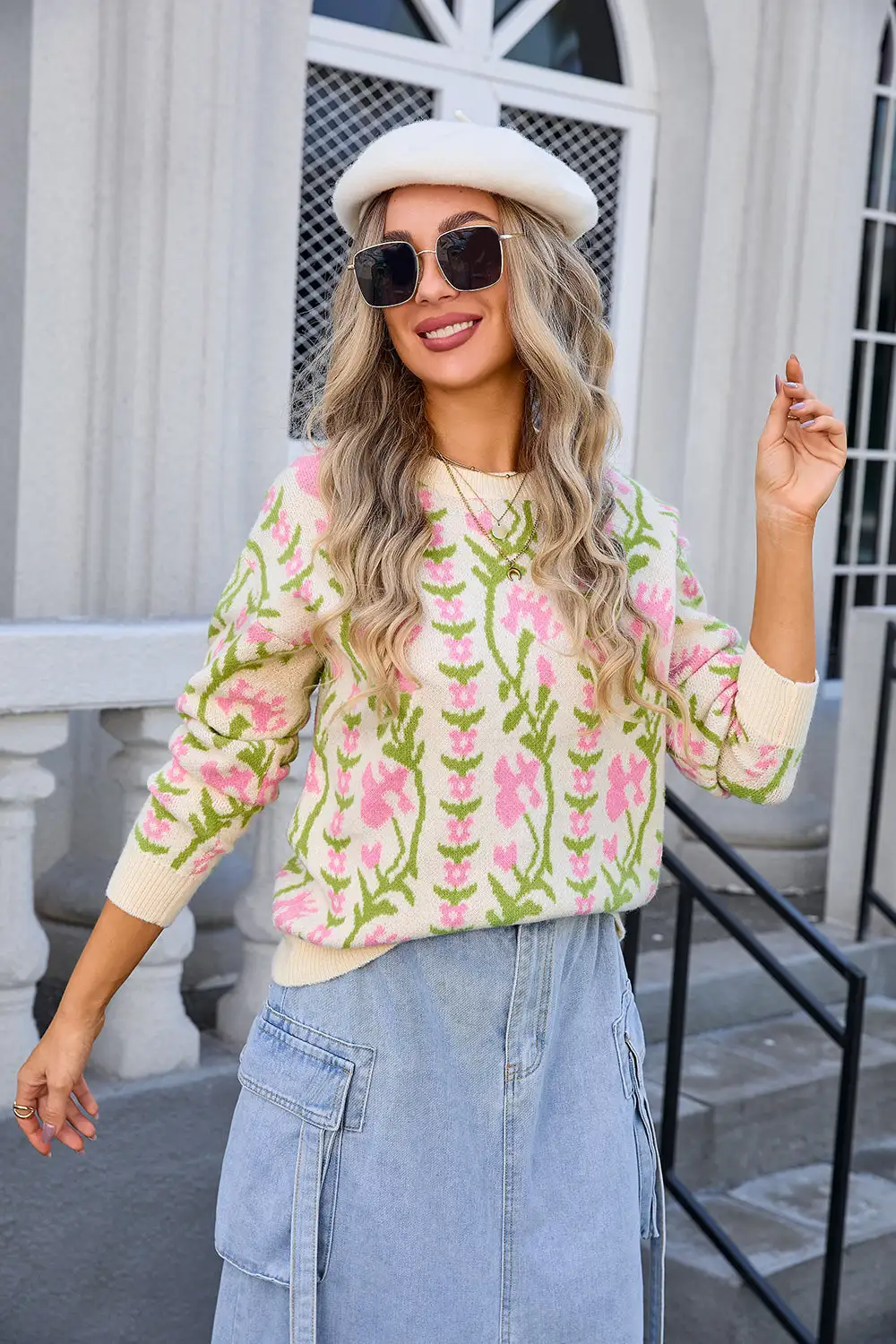 Jacquard Branch Round Neck Flower Sweater