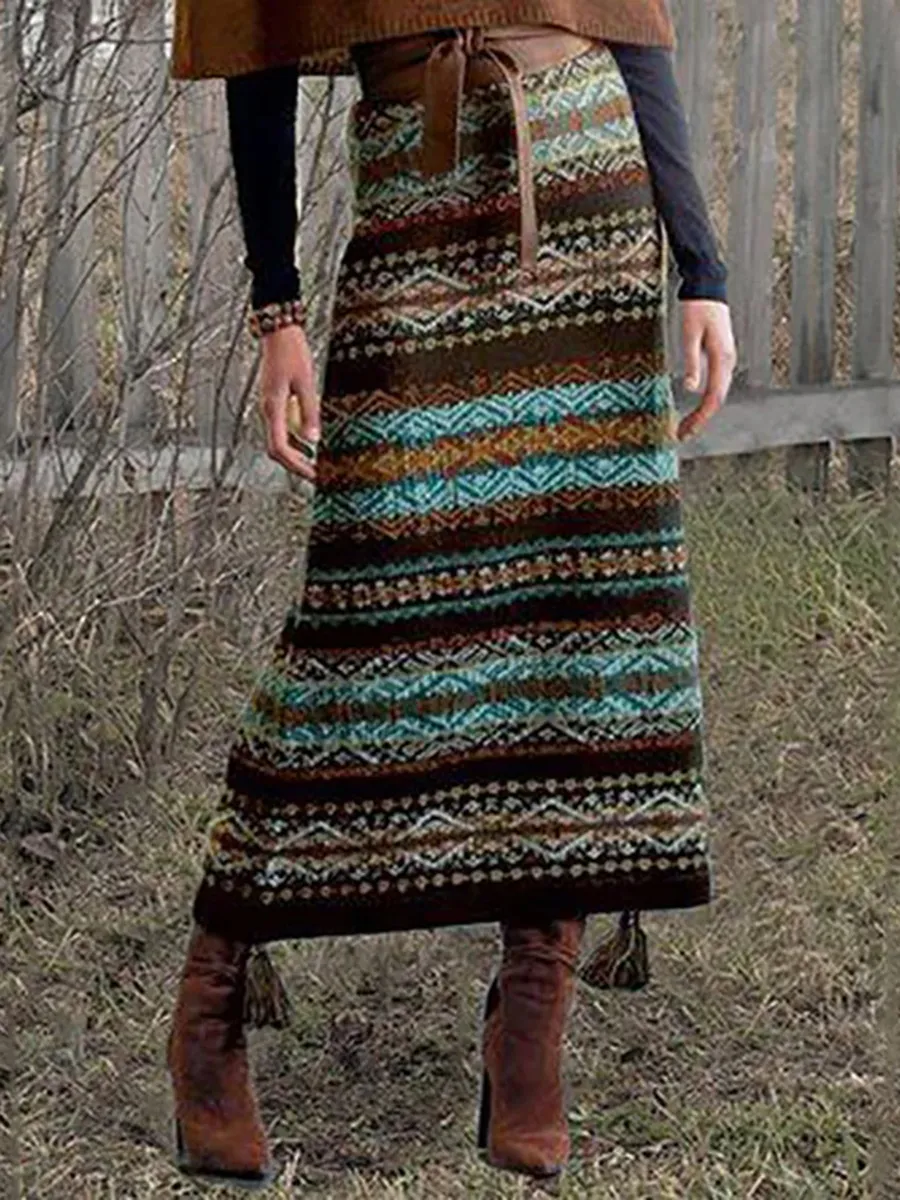 Vintage Ethnic Style Color Printed Knitted Skirt