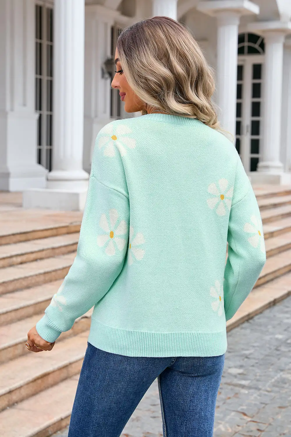 Contrasting Color Flower Print Sweater