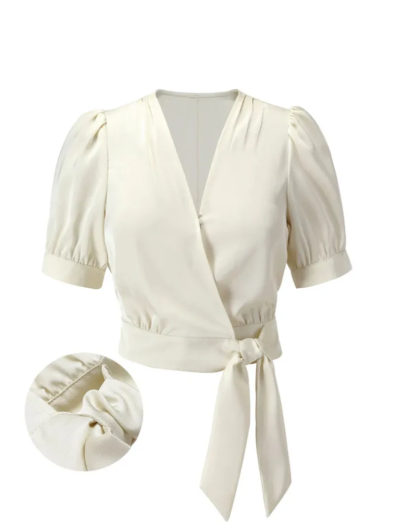 BEIGE 1950S SATIN PUFF SLEEVE V-NECK BLOUSE