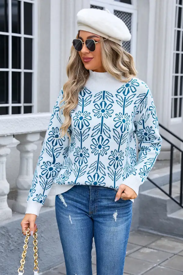 Turtleneck Flower Print Sweater