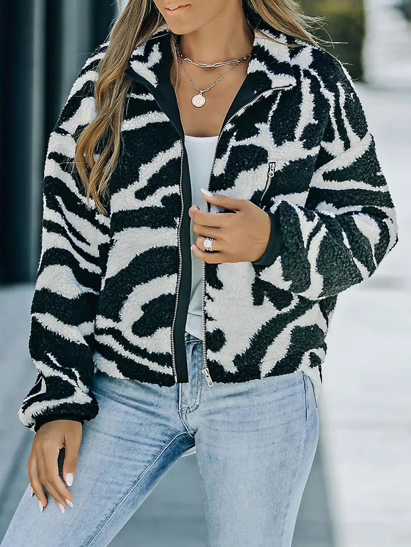 Casual zebra print sherpa jacket