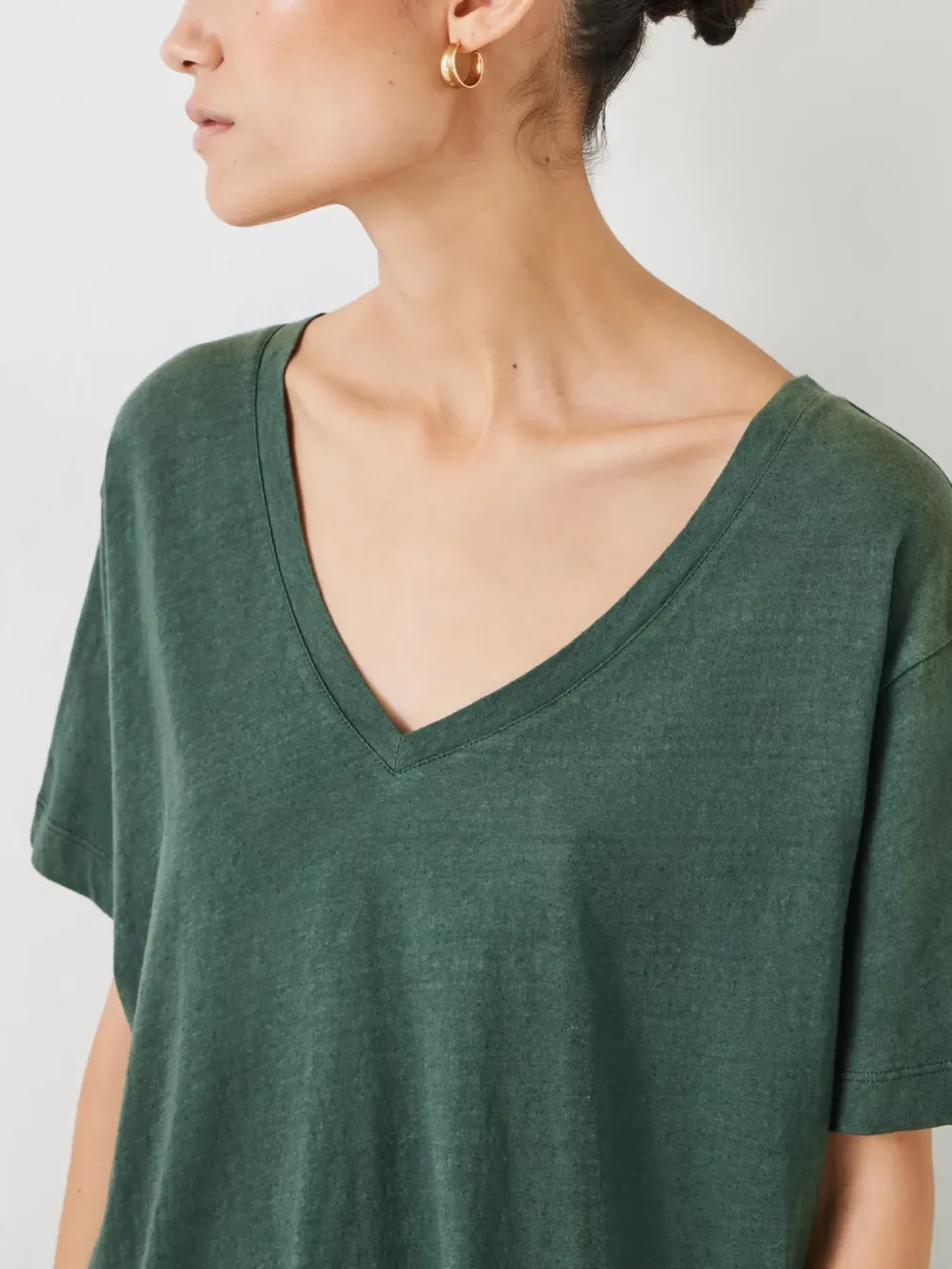 Plain Deep V-Neck Linen Blend T-Shirt