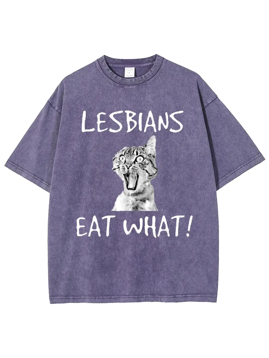 LESBIANS EAT WHAT? UNISEX OVERSIZED PRINT VINTAGE WASH DENIM T-SHIRT